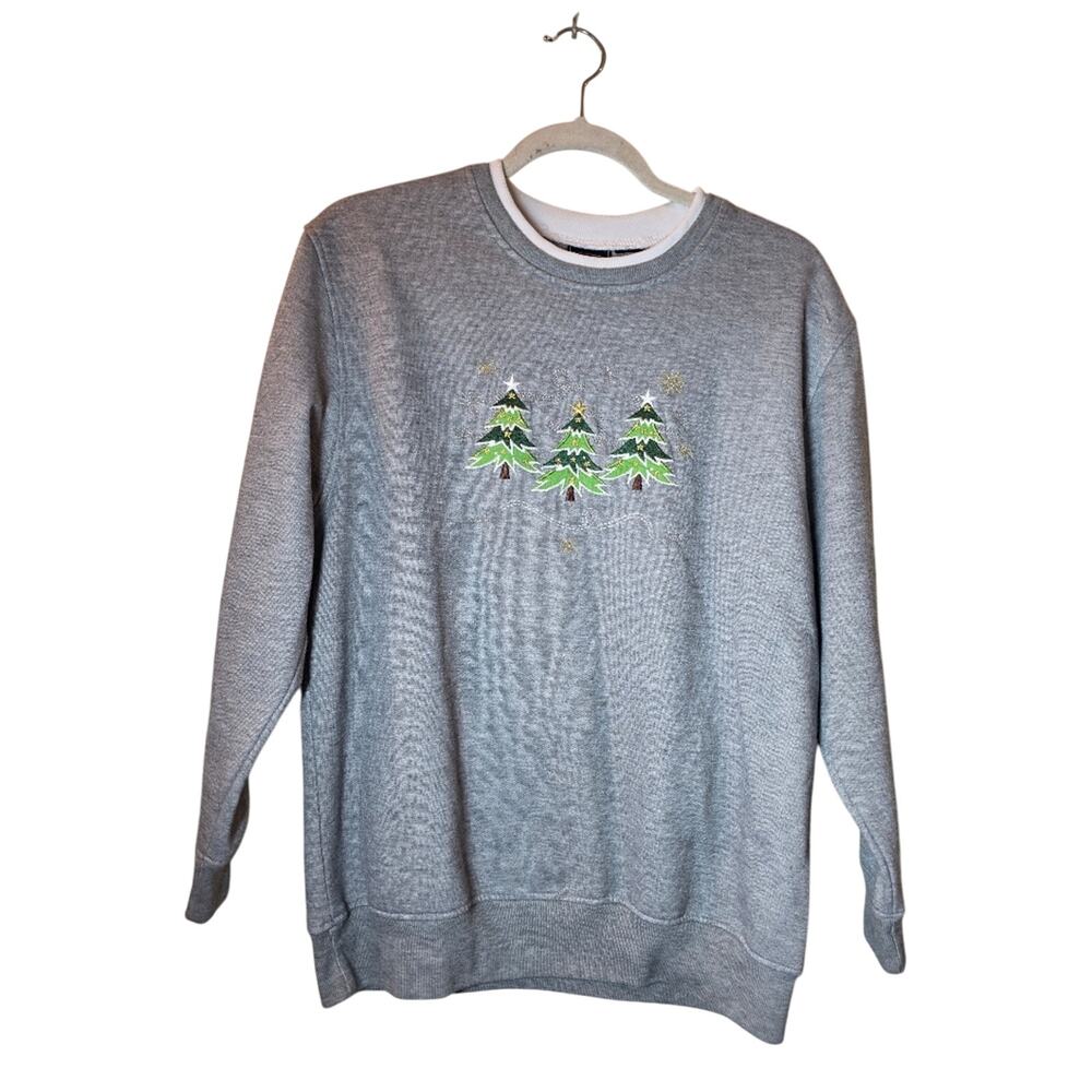 Vtg 90s Christmas Tree Embroidered Crewneck Sweatshirt Double Collar Size L